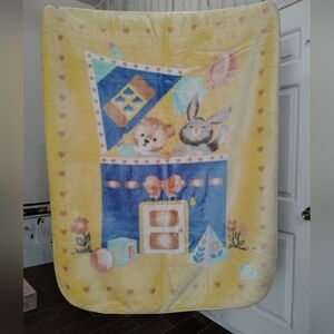 Vintage NOVATEX Baby Blanket Bear Balloons Bunny W/ Bowtie Surprise Blue House